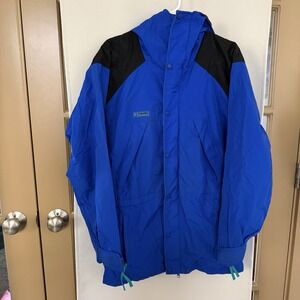 Columbia Men's Medium Blue Black Vintage 90's Hooded Rain Jacket‎ Winter Coat